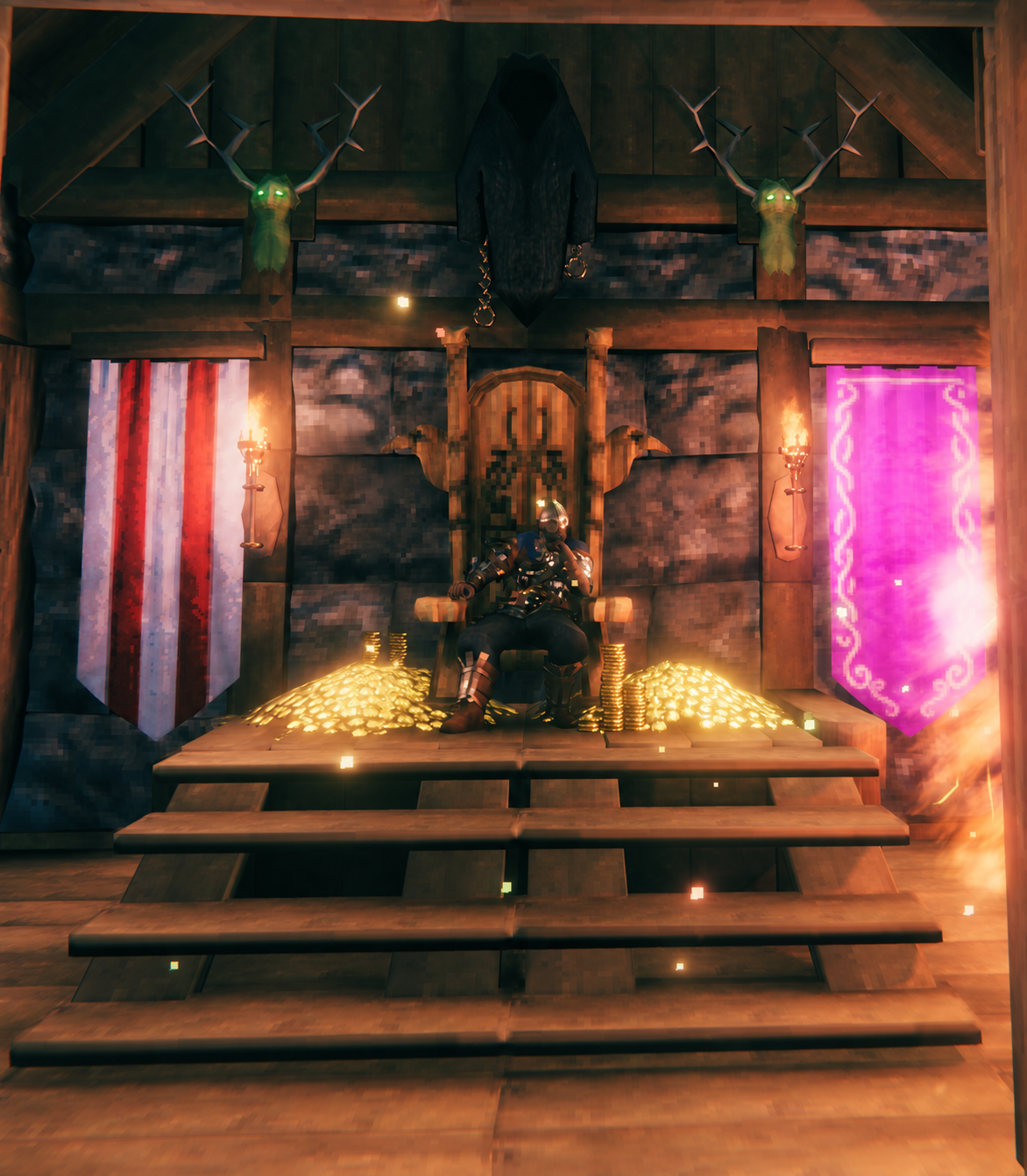 A Valheim character seated on a throne inside a torch-lit hall